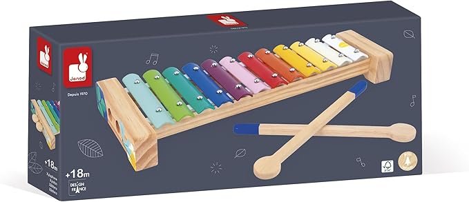 Janod - Wooden and Metal Xylophone - Children's Musical Instrument - 12 Keys and 2 Drumsticks Included - Imitation Toy and Musical Awakening - Water Painting - Suitable for Ages 18 Months Onwards