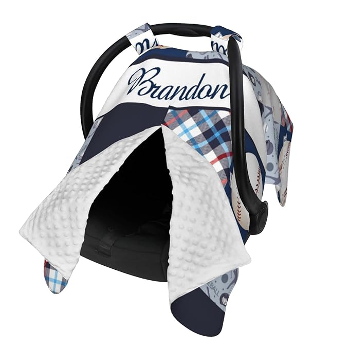 Personalized Baby Car Seat Canopy for Babies, Custom Name Car Seat Covers for Boys and Girls, Opening Minky Nursing Breastfeeding Cover for Infant, Carseat Canopies for Newborn (Baseball Theme)