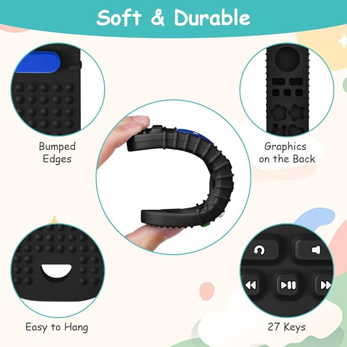 2PCS Silicone Baby Teething Toys, Remote Control Shape Teething Toys and Game Controller Teether Toy with 2PCS Pacifier Clip, BPA Free Silicone Remote Teether for Baby 3+ Months,Frozen(Black&Beige)
