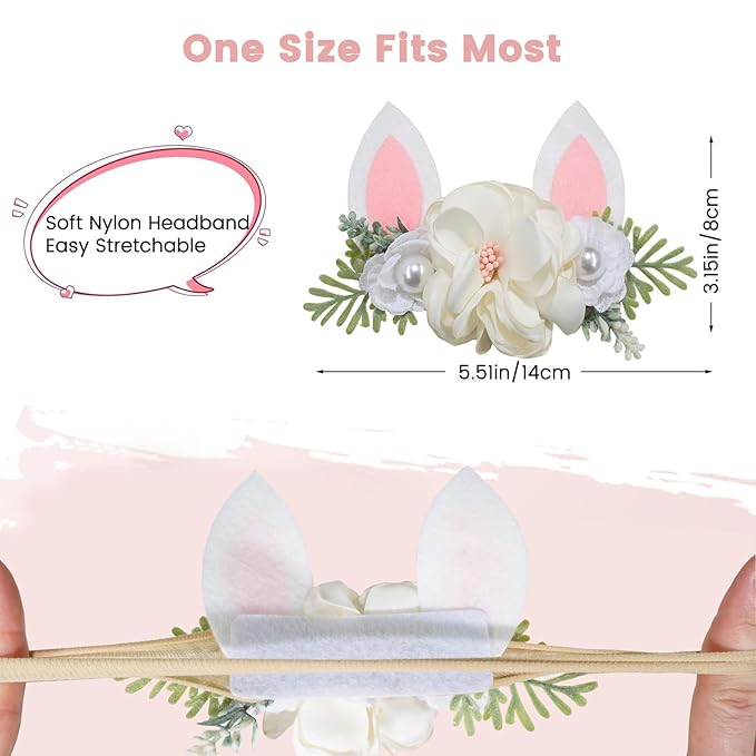 Baby Girls Flower Headband Easter Bunny Ears Nylon Hairband Cute Floral Rabbit Fairy Hair Accessories for Newborn Infant Toddler Kid