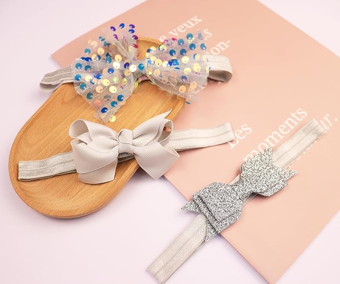 3pcs Baby Girl Bows Headband Chiffon Flower Hairband for Newborn Infant Toddler Soft Elastic Hair Bow Accessories for Baby Birthday Party (Grey, Standard size)
