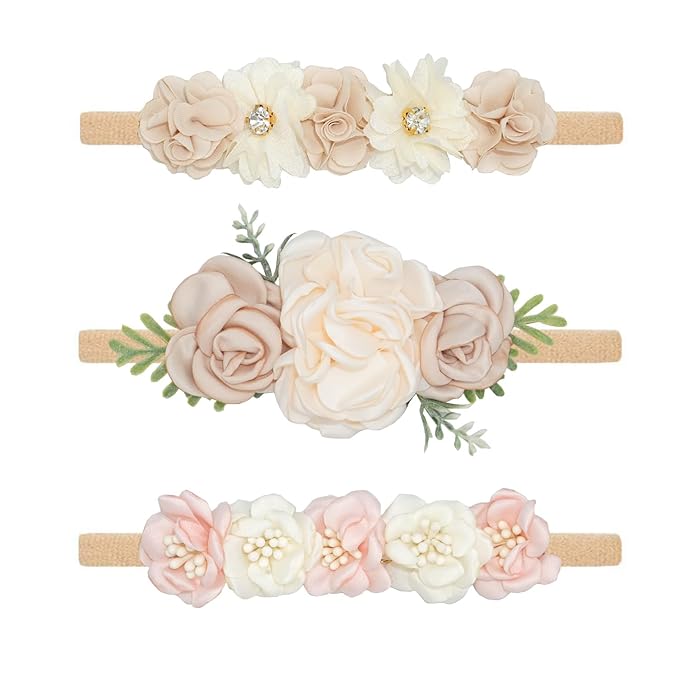Baby Girl Flower Headbands Set, 3pcs Elastic Nylon Floral Hair Band, Bows Wrap for Infant Newborn Toddler