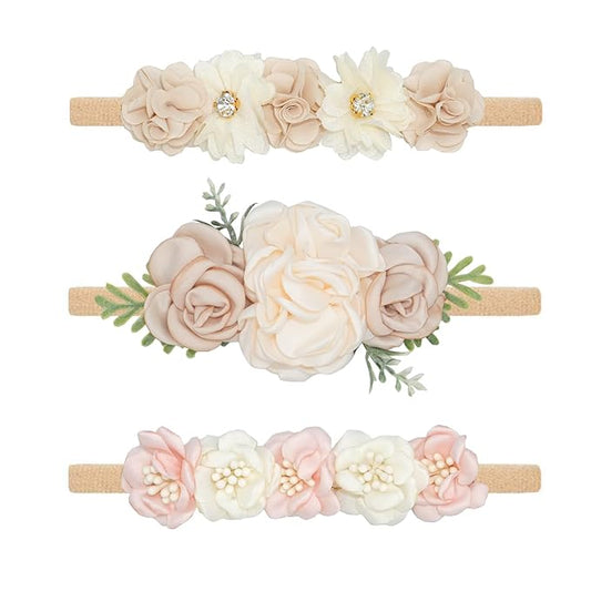 Baby Girl Flower Headbands Set, 3pcs Elastic Nylon Floral Hair Band, Bows Wrap for Infant Newborn Toddler