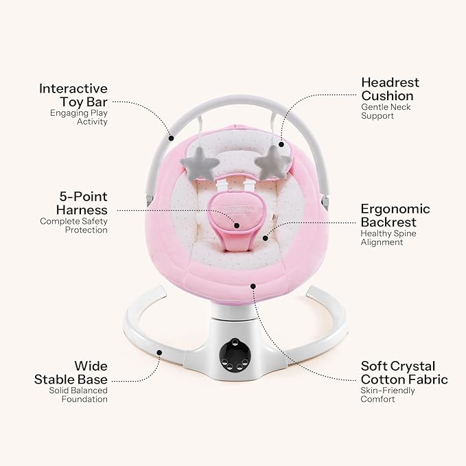 HARPPA Weddell Lite Electric Baby Swing for Infants with Music Speaker, 5 Adjustable Speeds, 5-Point Safety Harness, Timer Function, Compact Design for Indoor & Outdoor Use, Pink
