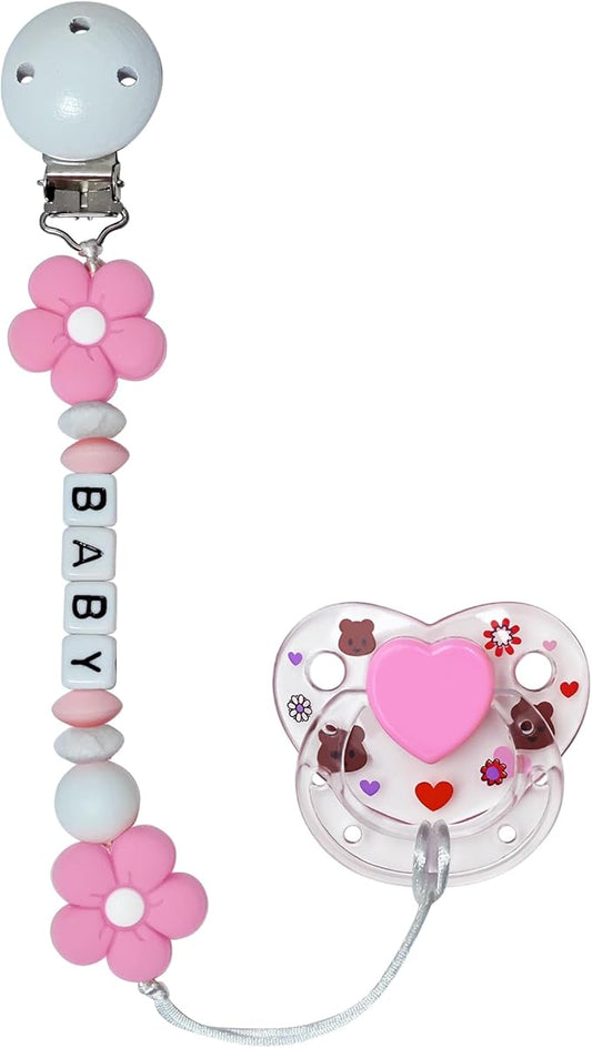 Pink Flowers Pacifier Clip with Cute Pink Magnetic Pacifier Reborn Dolls Toy Accessories (Flowers)