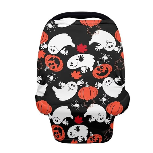 JEOCODY Halloween Ghost and Pumpkin Pattern Multi Use Cover Soft Nursing Cover Elastic Carseat Canopy Stroller Cover Shopping Cart Cover