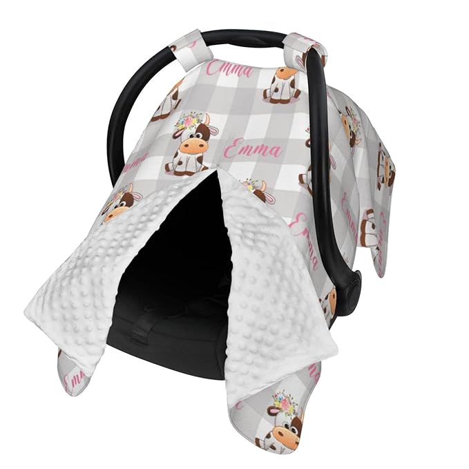 Personalized Farm Cow Floral Pink Baby Car Seat Canopy for Babies with Name, Custom Car Seat Covers for Girls, Peekaboo Opening Minky Nursing Breastfeeding Cover Infant Car Seat Canopies for Newborn