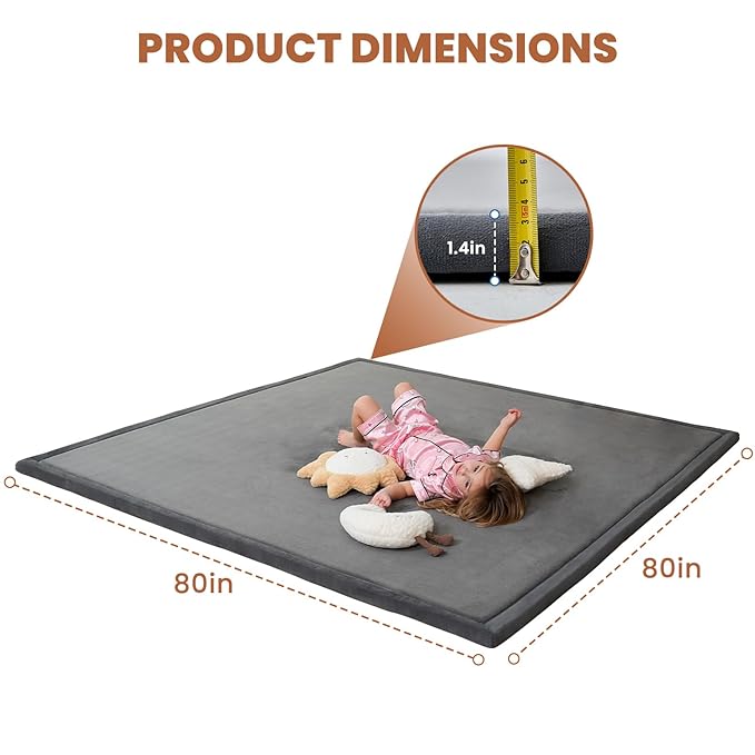 SUNYRISY Baby Play Mat for Floor, 1.4in Thick Memory Foam Padded Play Mats for Baby, Soft Velvet Infants Toddler Kids Play Mat Non-Slip Bottom, Crawling Baby Rugs for Nursery 80x80in