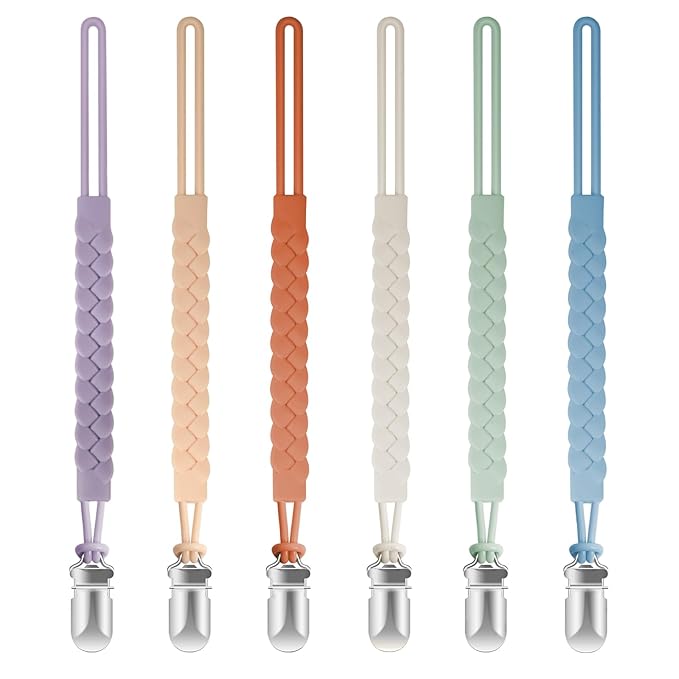 Silicone Pacifier Clips for Baby Boys and Girls, Woven Rope Flexible Design, Pacifier Holders for Teething Relief and Baby Essentials, Safe for Newborns (6 Pack)