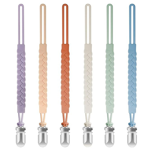 Silicone Pacifier Clips for Baby Boys and Girls, Woven Rope Flexible Design, Pacifier Holders for Teething Relief and Baby Essentials, Safe for Newborns (6 Pack)