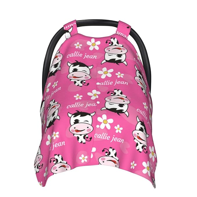 Personalized Naughty Cow and Flower Pink Baby Infant Car Seats Canopy for Babies with Name, Custom Car Seat Covers for Baby Girls, Peekaboo Minky Nursing Breastfeeding Stroller Canopies for Newborn
