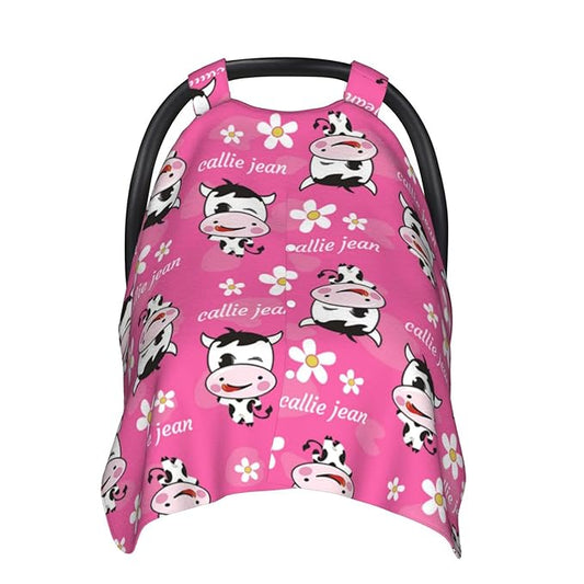 Personalized Naughty Cow and Flower Pink Baby Infant Car Seats Canopy for Babies with Name, Custom Car Seat Covers for Baby Girls, Peekaboo Minky Nursing Breastfeeding Stroller Canopies for Newborn