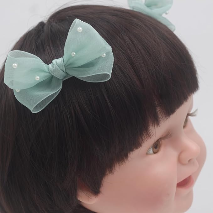 Nihao Baby Pearl Light Green Bow Hair Clips for Little Girl - 2Pcs