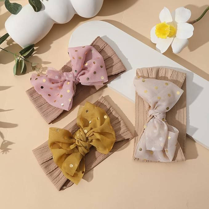 Baby Girl Top Bow Head Wrap, Stretchy Knitted Headband with Chiffon Bow 3Pcs for Newborn Infant Toddlers (ML23098)
