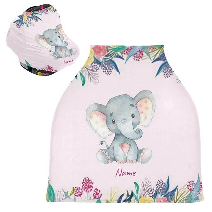 Personalized Multiuse Baby Car Seat Covers and Nursing Cover - Customized Cute Elephant Stroller Canopy with Name, Privacy Breastfeeding Cover Gifts for New Mom Girls Babies
