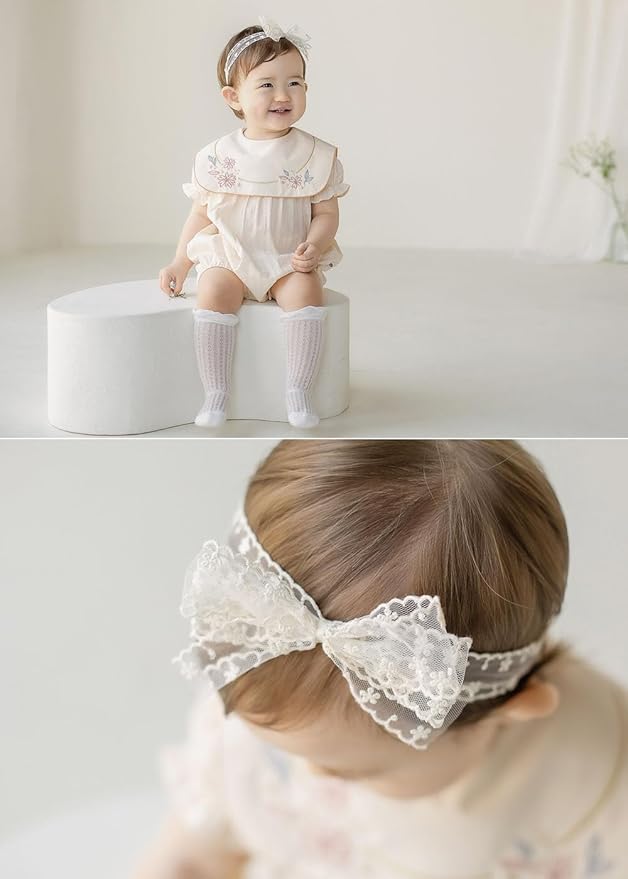 Baby Girls Lace Bow Headband Cute Chiffon Bow-Knot Toddler Hairband Elastic Soft Lace Infants Birthday Party Hair Accessories (White-4, One size)