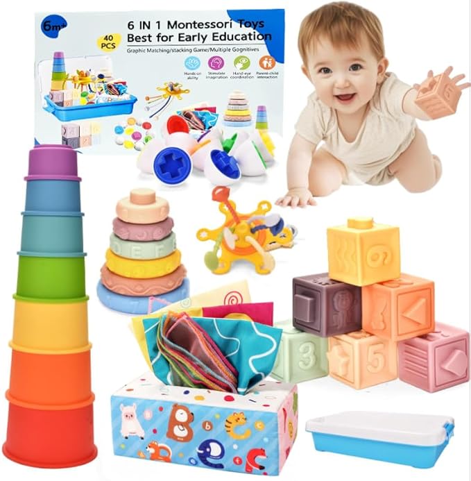 Baby Toys 6-12 Months,Montessori Toys for 6-9-12 Month old,6-in-1 Sensory Toys Stacking Cups Building Blocks,Teething Pull String,Tissue Box Toys for Babies 6-9-12,18-24 Months,1-3 Year old Baby Gifts