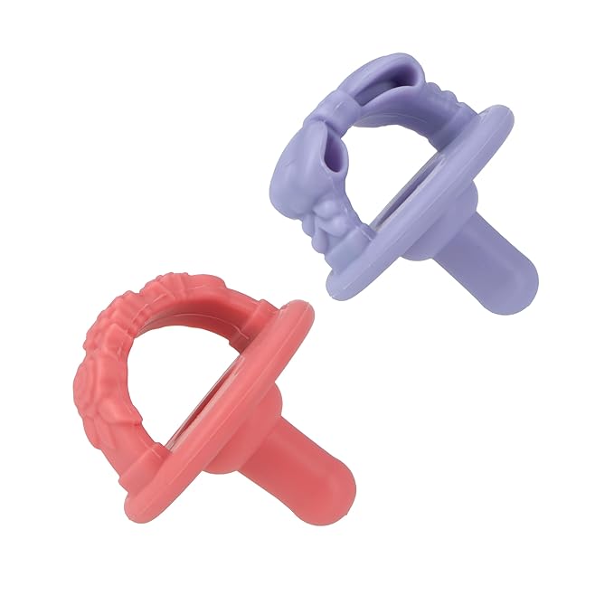 Nuby 3-D Sili Soother Pacifiers with Soft Handle and Two Safety Air Holes, 2 Pack, 0+ Months, Purple Bow and Pink Flowers
