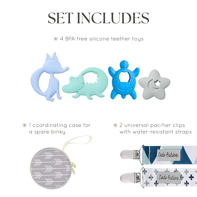 Dodo Babies Baby Shower Gifts - Teething Toy & Pacifier Clip Set - 6-Piece Multicolor Silicone - Pacifier Clip, Baby Teether & Binky Holder - Universal Leash & Water-Resistant Case