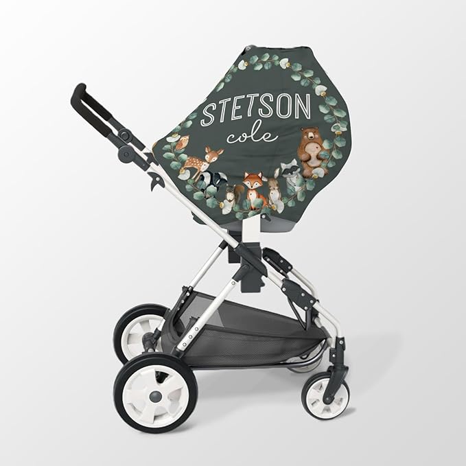 Personalized Baby Car Seat Cover Stroller Canopy: Custom Name Newborn Baby Boy Girl Elastic Woodland Animals Nursing Cover for Moms First Birthday Gift Dark Green(one Size)