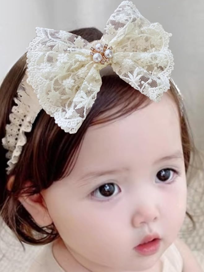 Baby Girls Hairband White Bow Lace Headbands Handmade Soft Stretchy Bowknot Hairbands Newborn Headband with Bows Pearls Elastic Head Band for Newborn Infant(Beige Embroidered Pearl Bow)