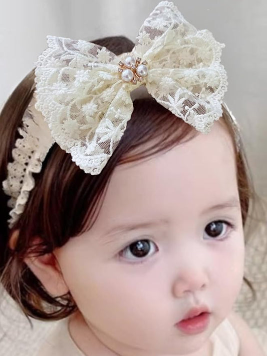 Baby Girls Hairband White Bow Lace Headbands Handmade Soft Stretchy Bowknot Hairbands Newborn Headband with Bows Pearls Elastic Head Band for Newborn Infant(Beige Embroidered Pearl Bow)