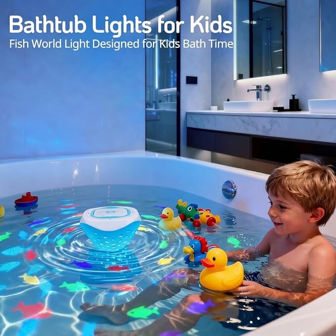 cambk Waterproof Bathtub Light for Kids, Battery Operated Fish Bath Lights for Tub & Bath Time, Color Changing Mood Lighting with Fish World Light Show
