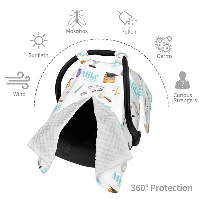 Personalized Baby Car Seat Canopy for Babies, Custom Name Baby Car Seats Covers for Boys Girls, Opening Minky Nursing Breastfeeding Cover for Infant Newborn, Carseat Canopies (Future Scientists)