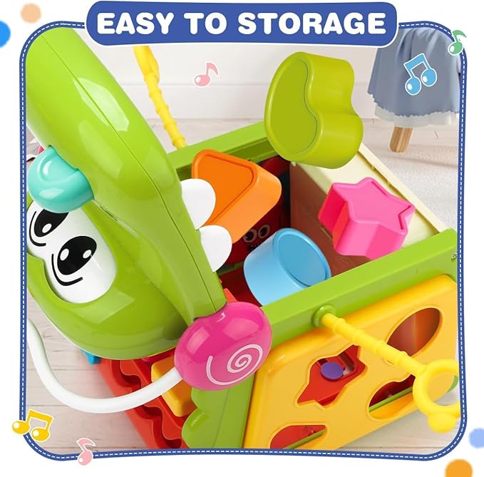 Qizebaby Montessori Activity Cube for Toddlers 1-3, Baby Activity Cube with Music & Lights, 8-in-1 Learning Toy with Shape Sorter & Bead Maze, Educational Toys for 12-36 Months Boys Girls
