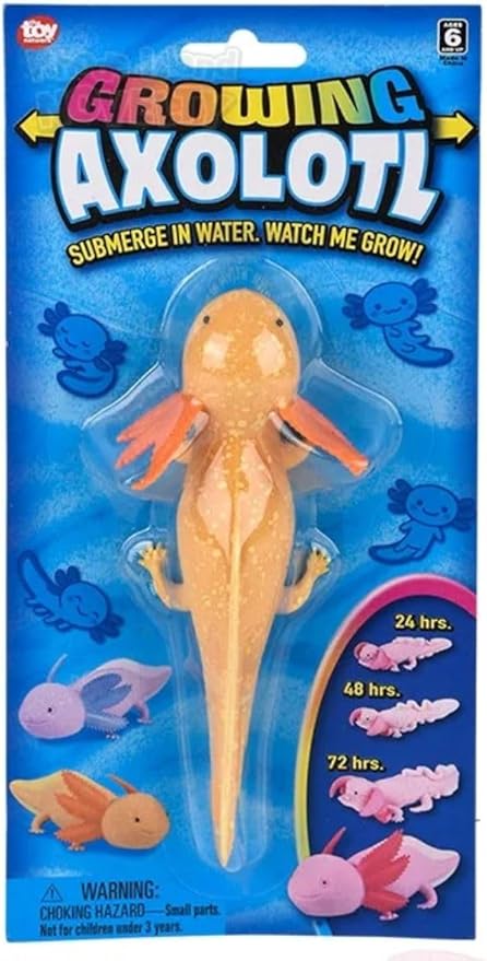 Growing Axolotl Water Toy, Grows from 6 to 12 Inches - Individual Blister Card, 4 Assorted Colors, Bath Science Fun (Blue)