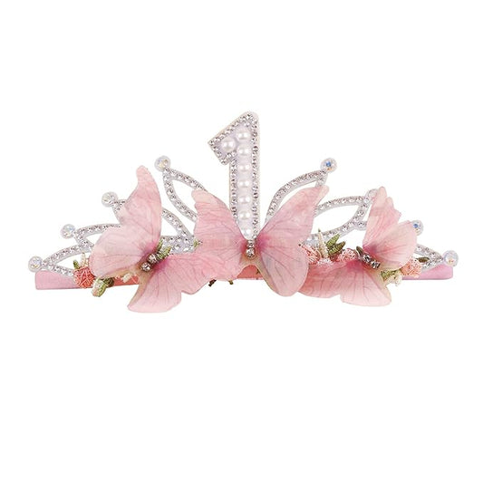 cherrboll Baby Girl Birthday Crown Floral Headband, Soft Flower Head Wrap Tiara Hairband for 1-3 Years Old Toddlers Kids First 1st Birthday Party Dress Photo Decoration