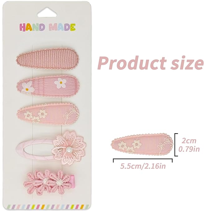 5Pcs Baby Hair Clips for Girls Toddler, 4 Snap Clips + 1 Fully Wrapped Alligator Clip, Soft Gradient Pink Floral Set with Handmade Embroidery & Faux Pearl, Non-Slip Safe Hair Barrettes for Infants