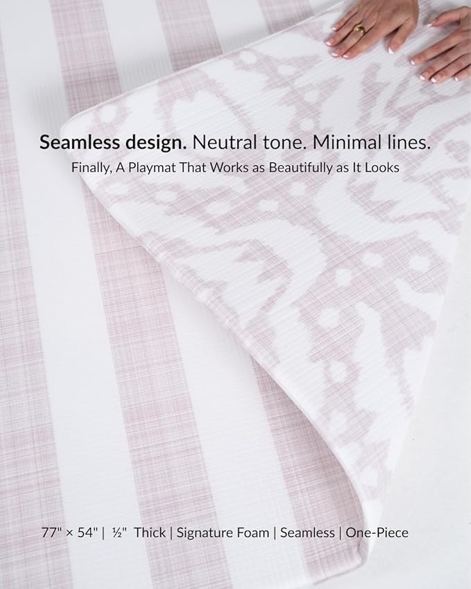 Wander & Roam Premium Reversible Play Mat - Soft Foam Child & Parent - Modern Neutral Stripe + Ikat Design - Water Resistant, Easy to Clean, Non-Toxic - Rose Pink, 3+ Years