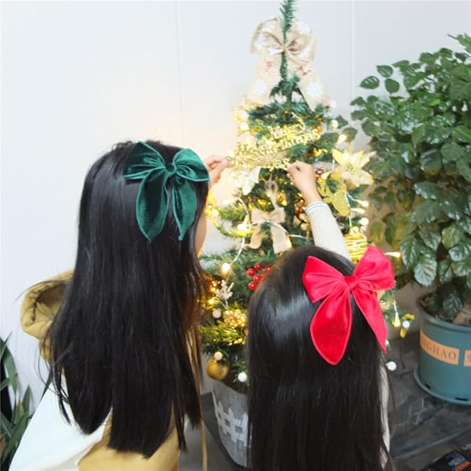 Velvet Plaid Bow Hair Clips and Accessories for Little Girls and Baby Moms - Red Green White Christmas Fable (4 Pack)