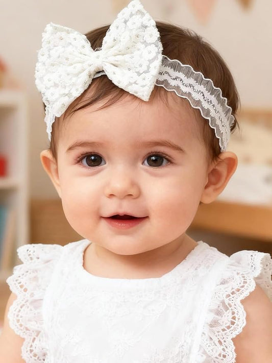 Baby Girls Bow Lace Headband Cute Soft Hairband White Butterfly Knot Headbands for Newborn Infants Toddlers Kids Christening Baptism Birthday Party Hair Accessories（White flower bow）