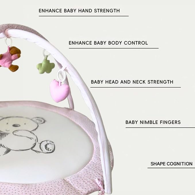 Baby Play Gym Mat & Activity Mat - 100% Cotton Soft Playmat with 6 Detachable Toys for Tummy Time, Machine Washable, Sensory Development Gift (Pink Bear)