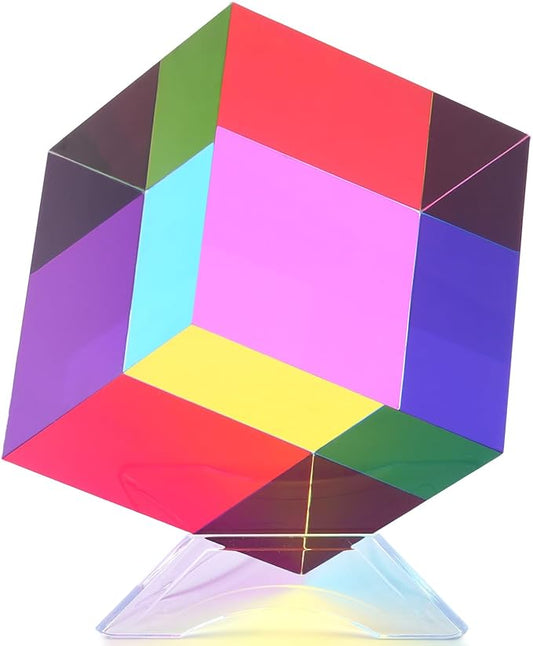iKeelo Color Cube (80mm) with Stand - Mega Cube in Cyan, Magenta and Yellow - Mesmerizing Acrylic Prism for Desk Decor, A Fun Conversation Starter