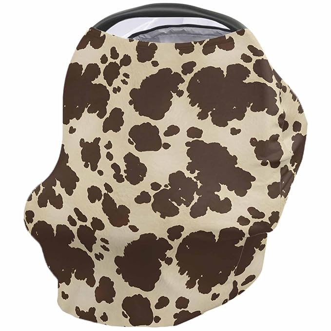 Baby Nursing Covers for Breastfeeding, Baby Car Seat Canopy Covers Scarf for Boys Girls, Brown Cowhide Canopy, Stretchy Soft Breathable Poncho Infant Stroller Cover, Cow Skin Print