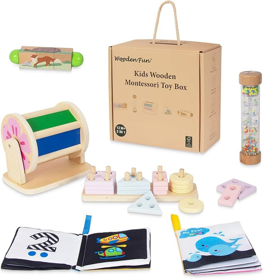 Wooden Baby Toys, 6-in-1 Newborn Learning Educational Sets Includes Mirror Spinning Drum, Rain Stick, Soft Cloth Books, Shape Sorter, Baby Roller - Christmas Birthday Gift for Boys Girls