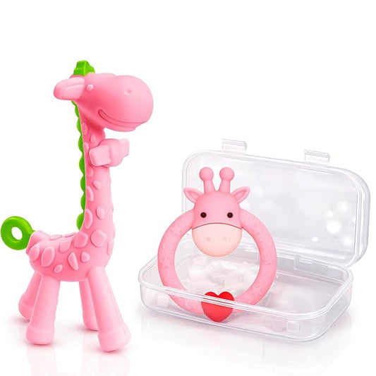 SHARE&CARE BPA Free Silicone Giraffe Baby Teether Toy with Storage Case, for 3 Months Above Infant Sore Gums Pain Relief and Baby Shower, Baby Teething Toys (Pink)