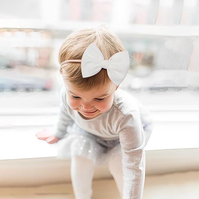 Big Bows Hairbands, 8 PCS Handmade Baby Girl Headbands with Bows, Stretchy Nylon Newborn Toddler Hairbands, Tan