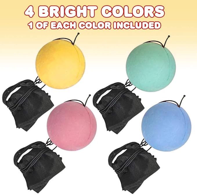 ArtCreativity Foam Return Balls Set of 4 – 2.25" Durable Rebound Balls with String, Assorted Colors, Fun Wrist Ball Toys for Kids, Party Favors, Carnival Prizes, Gifts for Boys & Girls, Indoor Play