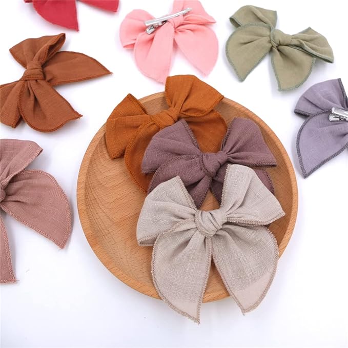12 PCS Linen Bow Hair Clips for Baby Girls Hair Bows Alligator Clips Accessories Infants Toddler Kids Hairgrips (Linen Fable Bow 4'')