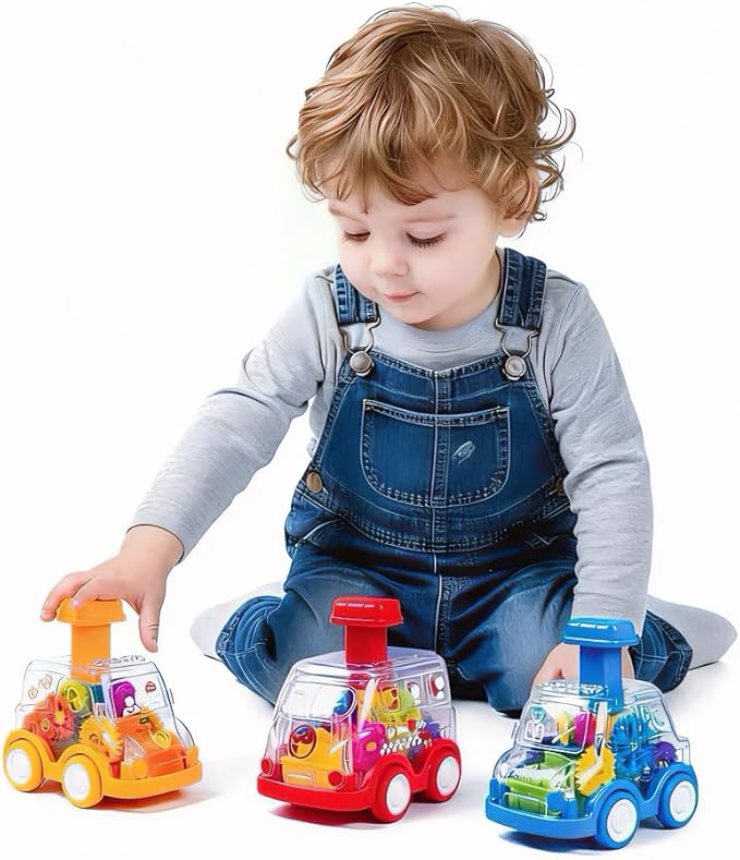 Toy Cars for Toddlers 1-3, 3 Pack Transparent Gear Press and Go Friction Powered Cars, No Battery Push Go Baby Car for 1 Year Old Boys Girls, First Birthday Gift