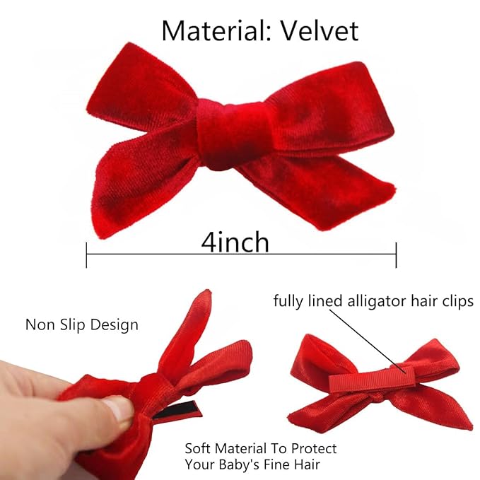 Yxiang 24PCS Velvet Hair Clips and Barrettes for Baby Girls, 4 inches Hair Bows Fully Lined Non Slip Barrettes Christmas Hair Accessories for Toddler Kid Little Girl (12 Pairs)