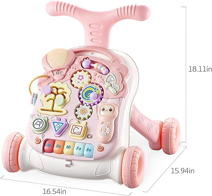 Baby Sit-to-Stand Learning Walker, 2 in 1 Baby Walker for Girls Boys, Educational Baby Push Walkers with Entertainment Activity Table, Baby Music Learning Toy Gift for Infant Boys Girls (Pink)