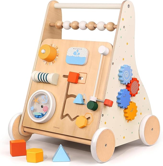 Wooden Baby Walker with Wheels Montessori Activity Push Walker for Todlers Baby Gift for 1 Year Old Girl & with Baby Activity Center