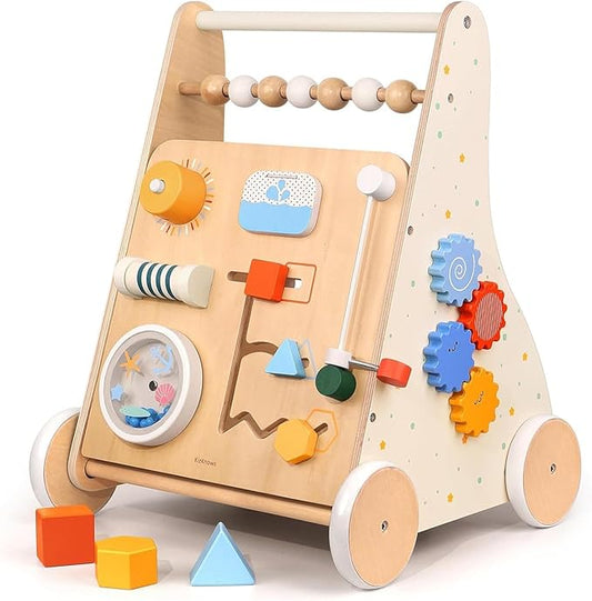 Wooden Baby Walker with Wheels Montessori Activity Push Walker for Todlers Baby Gift for 1 Year Old Girl & with Baby Activity Center