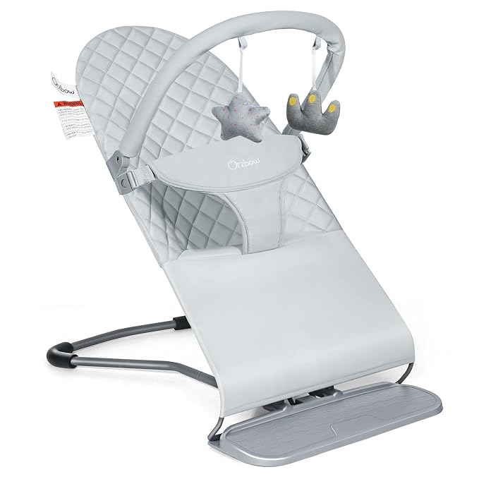 Orzbow Portable Baby Bouncer, Foldable Baby Bouncer Seat with Removable Play Bar, 3 Recline Positions, Infant, 0-12 Months Up to 20 lbs, Ergonomic Design, Easy to Assembly, Grey