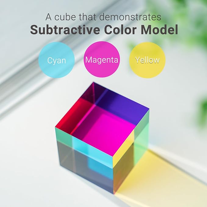 iKeelo Color Cube (80mm) with Stand - Mega Cube in Cyan, Magenta and Yellow - Mesmerizing Acrylic Prism for Desk Decor, A Fun Conversation Starter